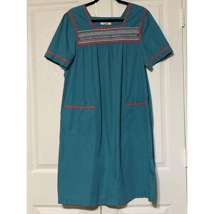 Go Softly Patio Gown Womens Large Blue Embroidered Kaftan House Dress Grannycore